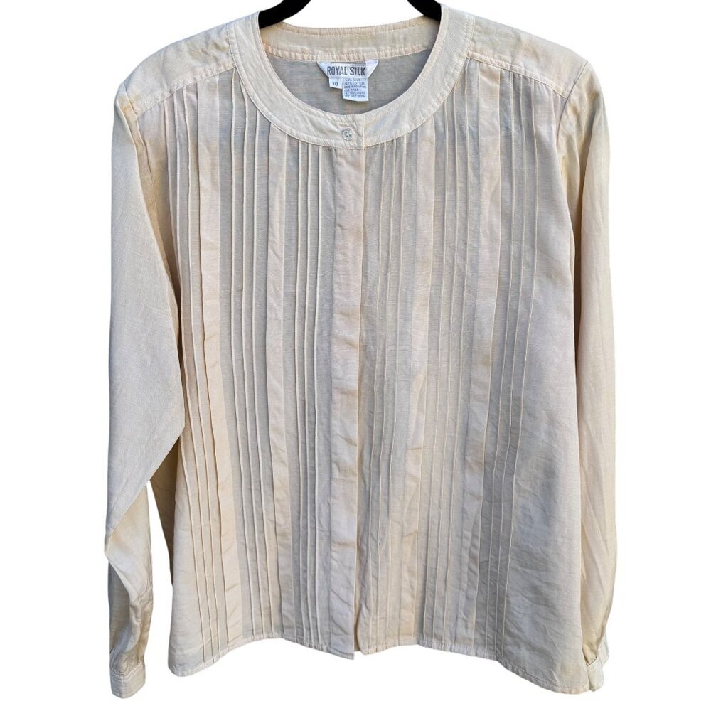 Royal Silk Vintage 80s Silk Cotton Pleated Old‎ Money Blouse Ivory Womens 10